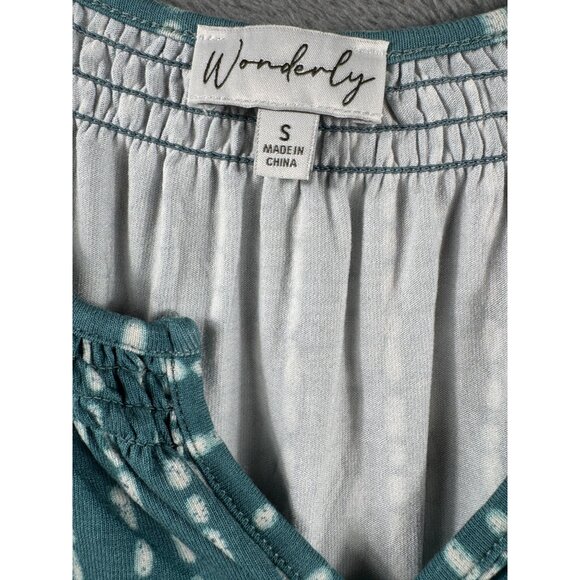 Teal Sleeveless Tiered Ruffle Top With White Dotted Stripes V-Neck By Wonderly W - Picture 2 of 8